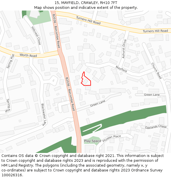 15, MAYFIELD, CRAWLEY, RH10 7FT: Location map and indicative extent of plot