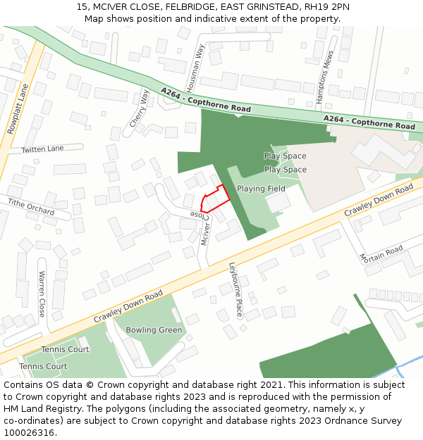 15, MCIVER CLOSE, FELBRIDGE, EAST GRINSTEAD, RH19 2PN: Location map and indicative extent of plot