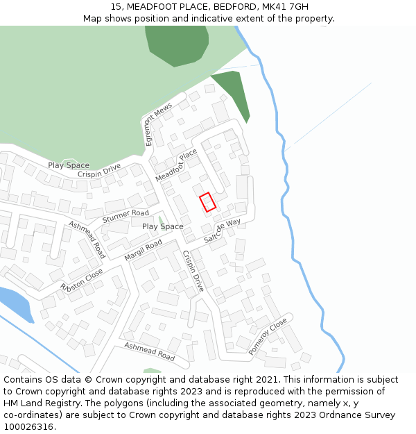 15, MEADFOOT PLACE, BEDFORD, MK41 7GH: Location map and indicative extent of plot