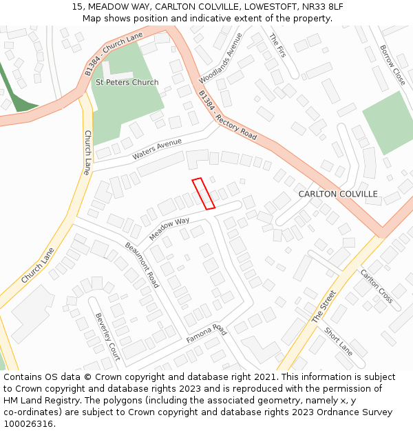 15, MEADOW WAY, CARLTON COLVILLE, LOWESTOFT, NR33 8LF: Location map and indicative extent of plot