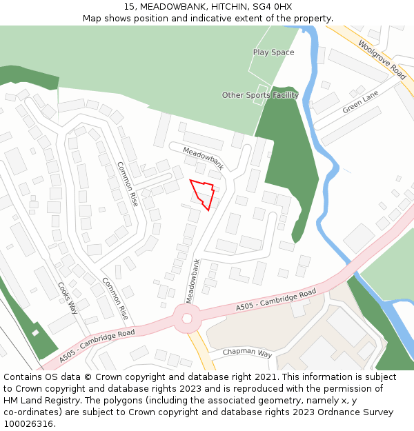 15, MEADOWBANK, HITCHIN, SG4 0HX: Location map and indicative extent of plot