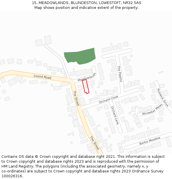 15, MEADOWLANDS, BLUNDESTON, LOWESTOFT, NR32 5AS: Location map and indicative extent of plot