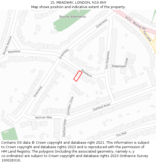 15, MEADWAY, LONDON, N14 6NY: Location map and indicative extent of plot