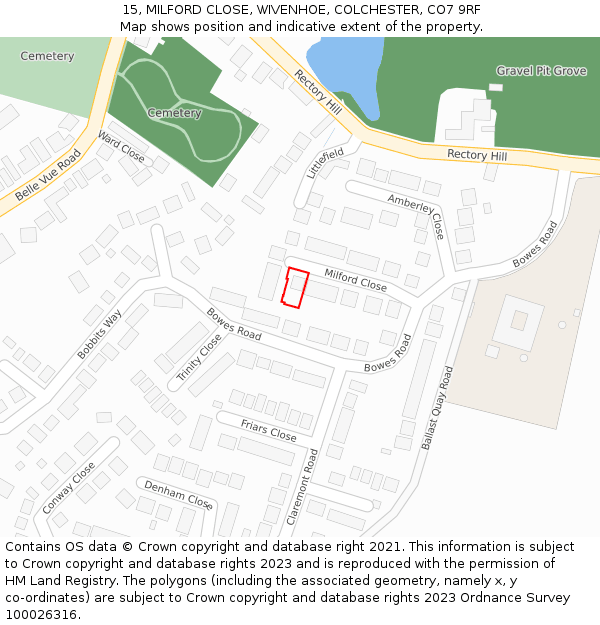 15, MILFORD CLOSE, WIVENHOE, COLCHESTER, CO7 9RF: Location map and indicative extent of plot