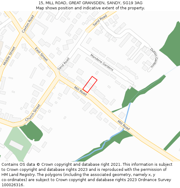 15, MILL ROAD, GREAT GRANSDEN, SANDY, SG19 3AG: Location map and indicative extent of plot