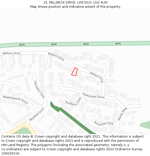 15, MILLBECK DRIVE, LINCOLN, LN2 4UN: Location map and indicative extent of plot