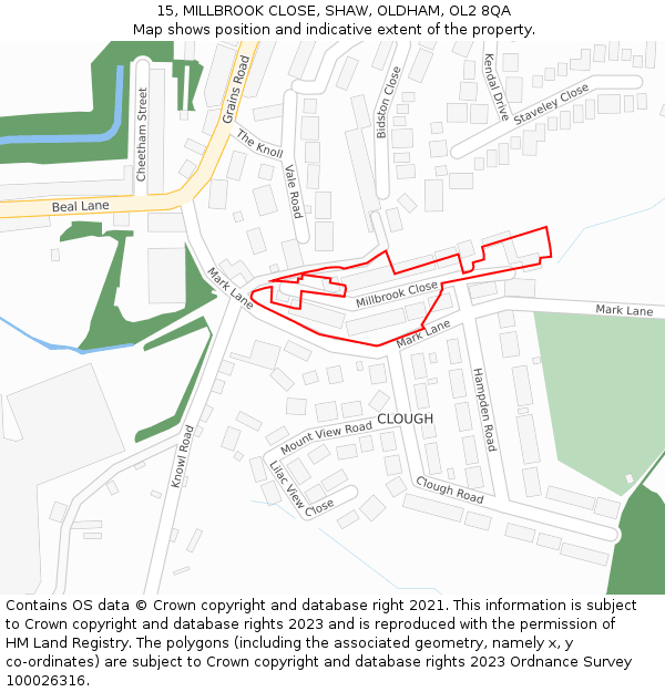 15, MILLBROOK CLOSE, SHAW, OLDHAM, OL2 8QA: Location map and indicative extent of plot