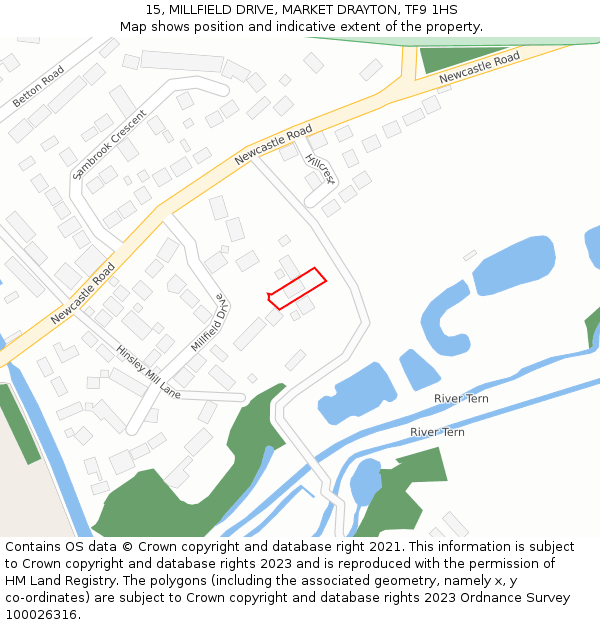 15, MILLFIELD DRIVE, MARKET DRAYTON, TF9 1HS: Location map and indicative extent of plot