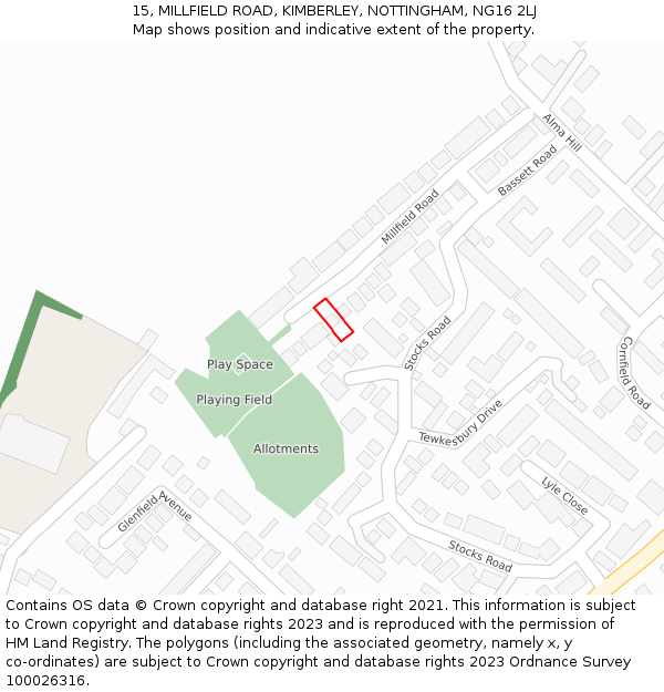 15, MILLFIELD ROAD, KIMBERLEY, NOTTINGHAM, NG16 2LJ: Location map and indicative extent of plot