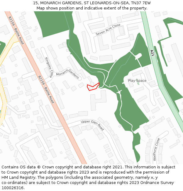 15, MONARCH GARDENS, ST LEONARDS-ON-SEA, TN37 7EW: Location map and indicative extent of plot