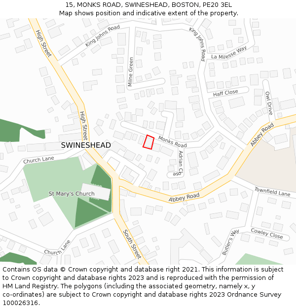 15, MONKS ROAD, SWINESHEAD, BOSTON, PE20 3EL: Location map and indicative extent of plot