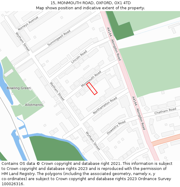15, MONMOUTH ROAD, OXFORD, OX1 4TD: Location map and indicative extent of plot