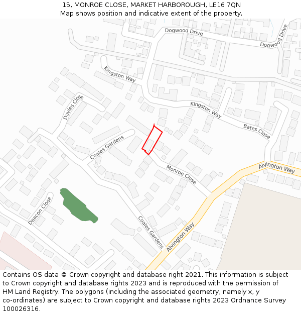15, MONROE CLOSE, MARKET HARBOROUGH, LE16 7QN: Location map and indicative extent of plot