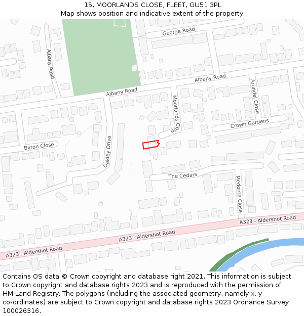 15, MOORLANDS CLOSE, FLEET, GU51 3PL: Location map and indicative extent of plot