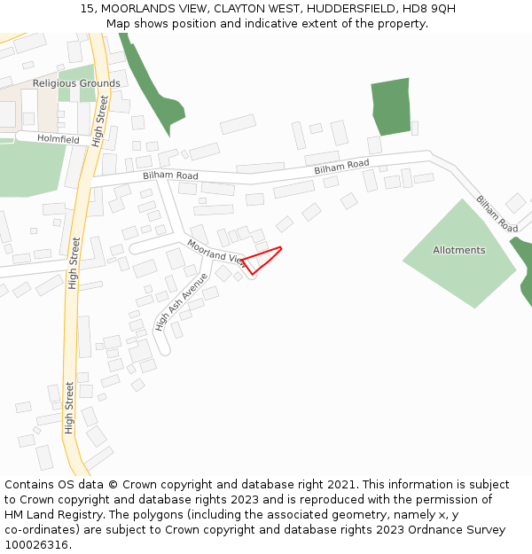 15, MOORLANDS VIEW, CLAYTON WEST, HUDDERSFIELD, HD8 9QH: Location map and indicative extent of plot