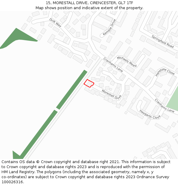 15, MORESTALL DRIVE, CIRENCESTER, GL7 1TF: Location map and indicative extent of plot
