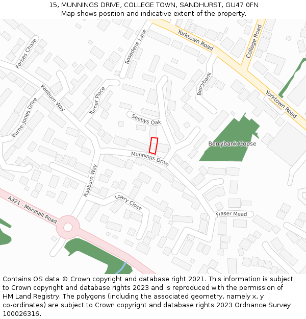 15, MUNNINGS DRIVE, COLLEGE TOWN, SANDHURST, GU47 0FN: Location map and indicative extent of plot
