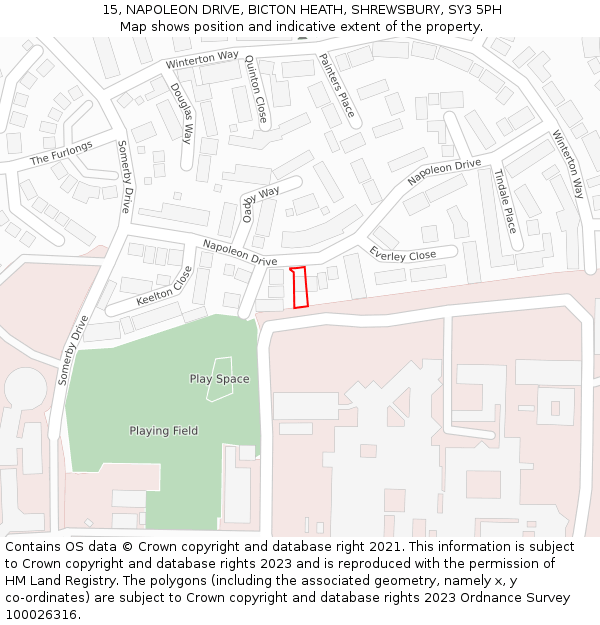 15, NAPOLEON DRIVE, BICTON HEATH, SHREWSBURY, SY3 5PH: Location map and indicative extent of plot