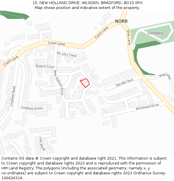 15, NEW HOLLAND DRIVE, WILSDEN, BRADFORD, BD15 0FH: Location map and indicative extent of plot