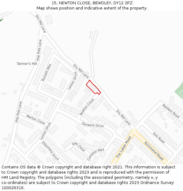 15, NEWTON CLOSE, BEWDLEY, DY12 2PZ: Location map and indicative extent of plot