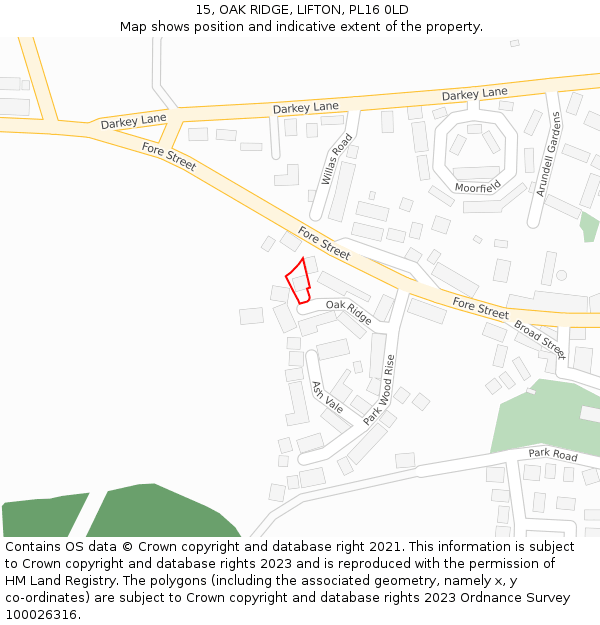 15, OAK RIDGE, LIFTON, PL16 0LD: Location map and indicative extent of plot