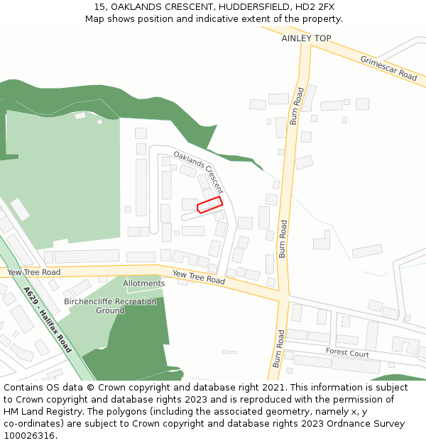 15, OAKLANDS CRESCENT, HUDDERSFIELD, HD2 2FX: Location map and indicative extent of plot