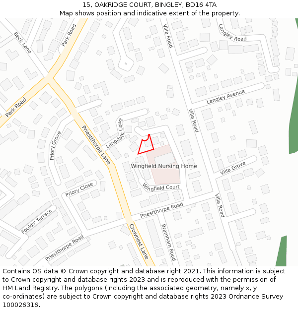 15, OAKRIDGE COURT, BINGLEY, BD16 4TA: Location map and indicative extent of plot