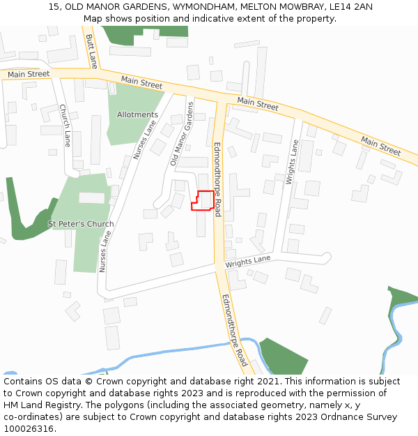 15, OLD MANOR GARDENS, WYMONDHAM, MELTON MOWBRAY, LE14 2AN: Location map and indicative extent of plot