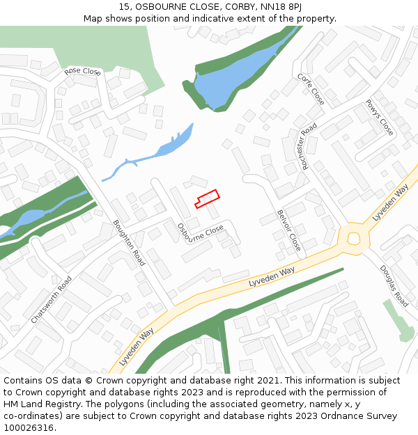 15, OSBOURNE CLOSE, CORBY, NN18 8PJ: Location map and indicative extent of plot