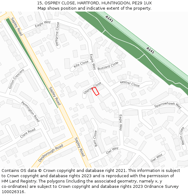 15, OSPREY CLOSE, HARTFORD, HUNTINGDON, PE29 1UX: Location map and indicative extent of plot