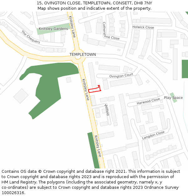 15, OVINGTON CLOSE, TEMPLETOWN, CONSETT, DH8 7NY: Location map and indicative extent of plot