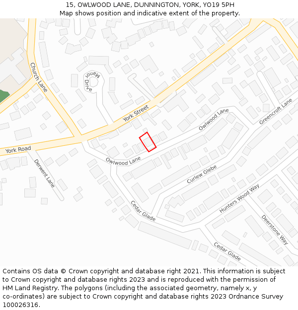 15, OWLWOOD LANE, DUNNINGTON, YORK, YO19 5PH: Location map and indicative extent of plot