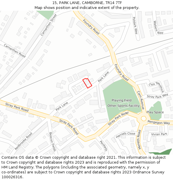 15, PARK LANE, CAMBORNE, TR14 7TF: Location map and indicative extent of plot