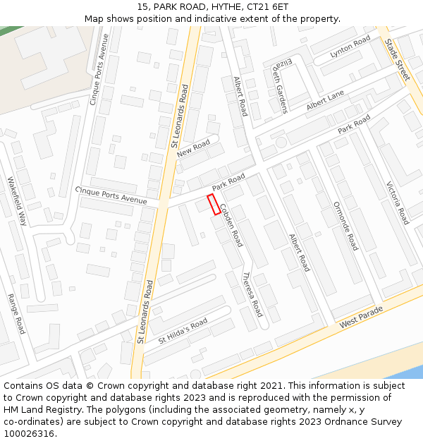 15, PARK ROAD, HYTHE, CT21 6ET: Location map and indicative extent of plot
