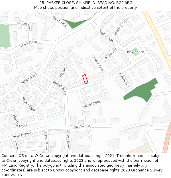 15, PARKER CLOSE, SHINFIELD, READING, RG2 9RG: Location map and indicative extent of plot