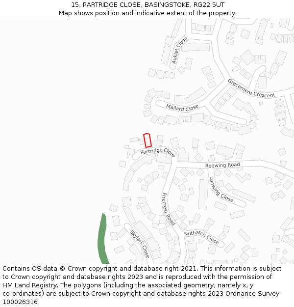 15, PARTRIDGE CLOSE, BASINGSTOKE, RG22 5UT: Location map and indicative extent of plot