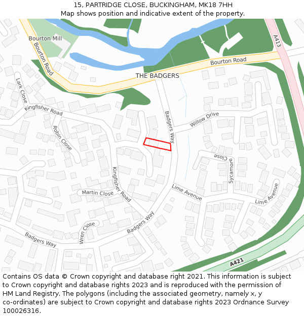 15, PARTRIDGE CLOSE, BUCKINGHAM, MK18 7HH: Location map and indicative extent of plot
