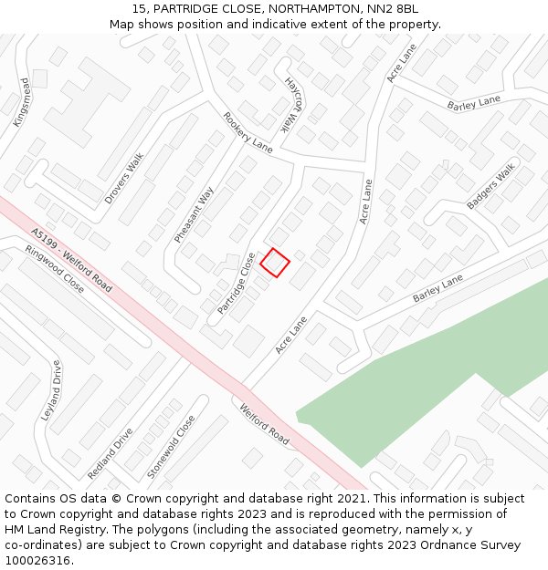 15, PARTRIDGE CLOSE, NORTHAMPTON, NN2 8BL: Location map and indicative extent of plot
