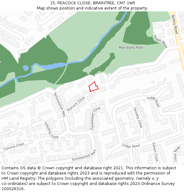15, PEACOCK CLOSE, BRAINTREE, CM7 1WR: Location map and indicative extent of plot