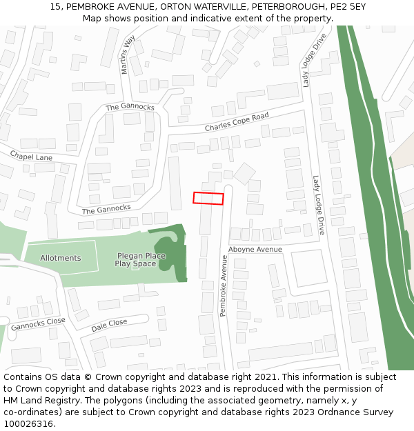 15, PEMBROKE AVENUE, ORTON WATERVILLE, PETERBOROUGH, PE2 5EY: Location map and indicative extent of plot