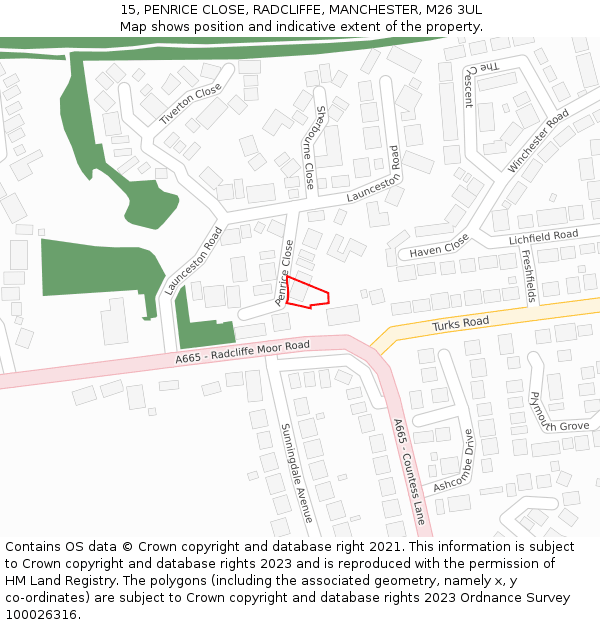 15, PENRICE CLOSE, RADCLIFFE, MANCHESTER, M26 3UL: Location map and indicative extent of plot