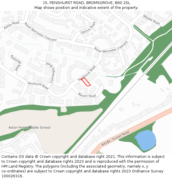 15, PENSHURST ROAD, BROMSGROVE, B60 2SL: Location map and indicative extent of plot