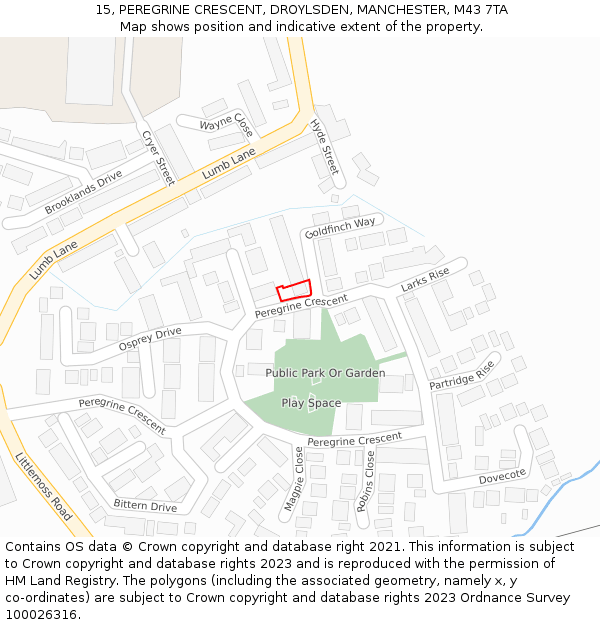 15, PEREGRINE CRESCENT, DROYLSDEN, MANCHESTER, M43 7TA: Location map and indicative extent of plot