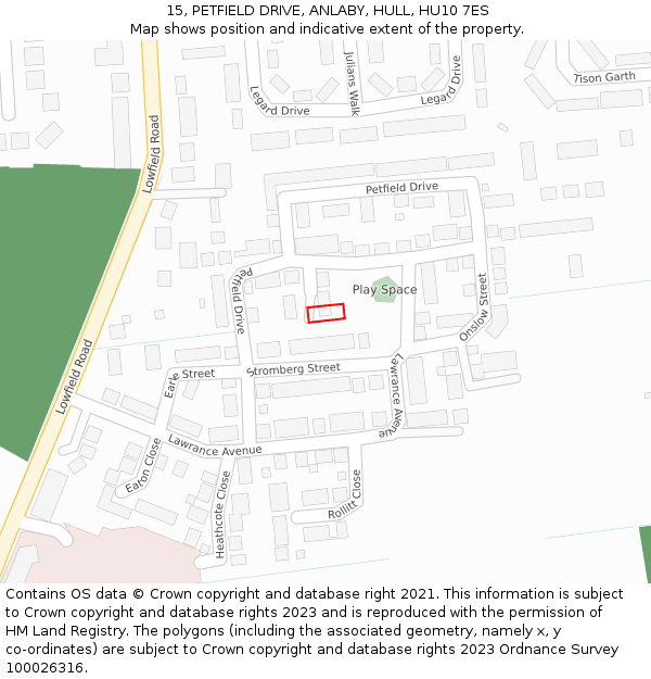 15, PETFIELD DRIVE, ANLABY, HULL, HU10 7ES: Location map and indicative extent of plot