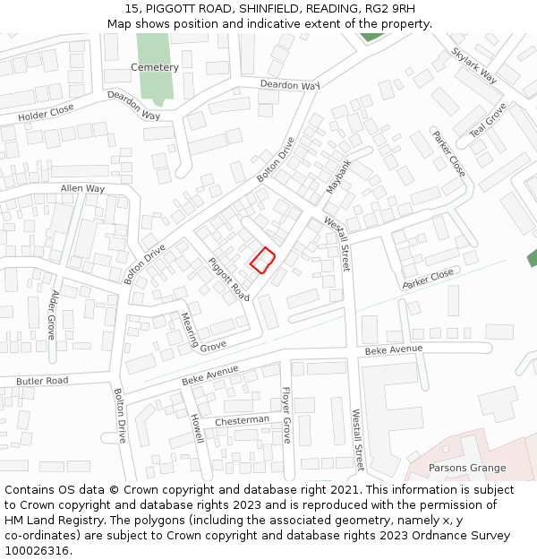 15, PIGGOTT ROAD, SHINFIELD, READING, RG2 9RH: Location map and indicative extent of plot