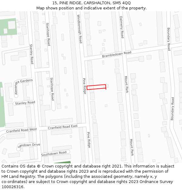 15, PINE RIDGE, CARSHALTON, SM5 4QQ: Location map and indicative extent of plot