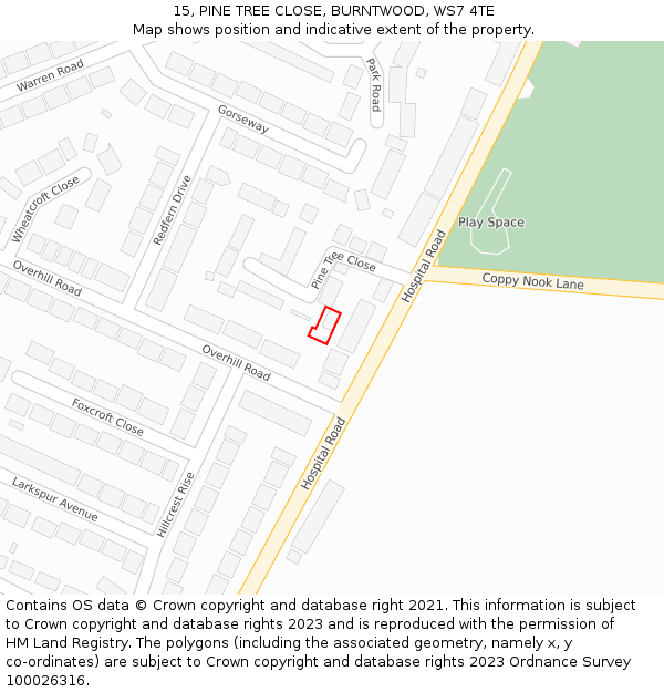 15, PINE TREE CLOSE, BURNTWOOD, WS7 4TE: Location map and indicative extent of plot