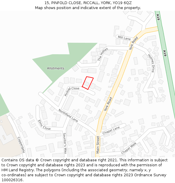 15, PINFOLD CLOSE, RICCALL, YORK, YO19 6QZ: Location map and indicative extent of plot