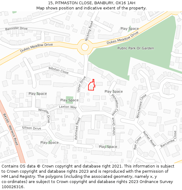 15, PITMASTON CLOSE, BANBURY, OX16 1AH: Location map and indicative extent of plot
