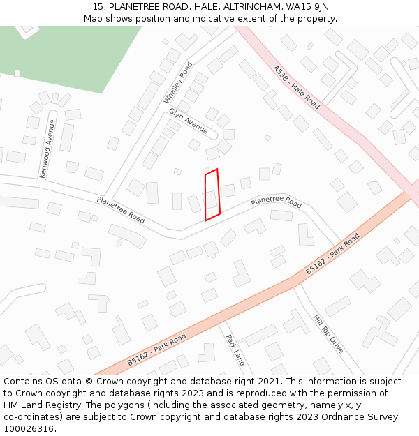 15, PLANETREE ROAD, HALE, ALTRINCHAM, WA15 9JN: Location map and indicative extent of plot